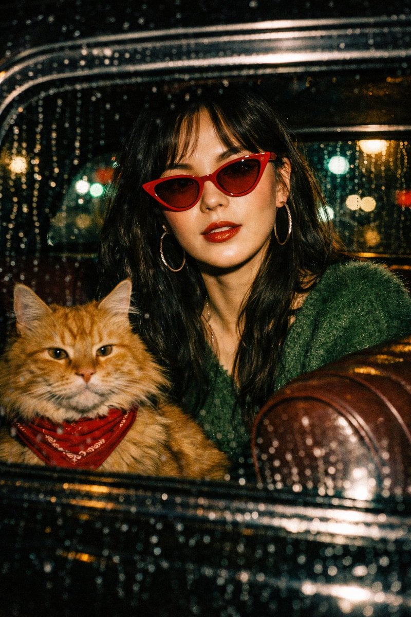 Filmische Blitzfotografie Nacht Auto Frau Katze Wong Kar W, KI-generiertes Bild