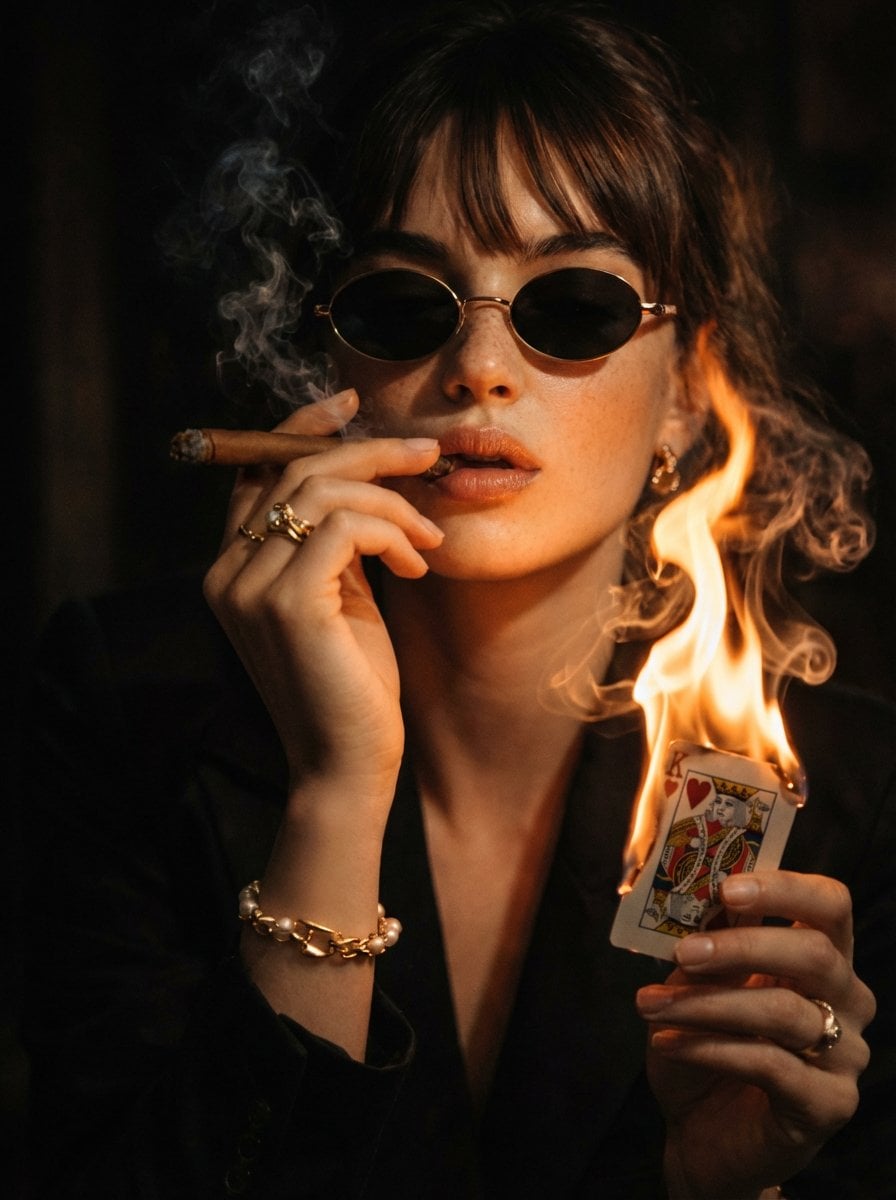 Imatge generada per IA del retrat cinematogràfic amb ambient fosc de dona amb vestit negre fumant un cigar