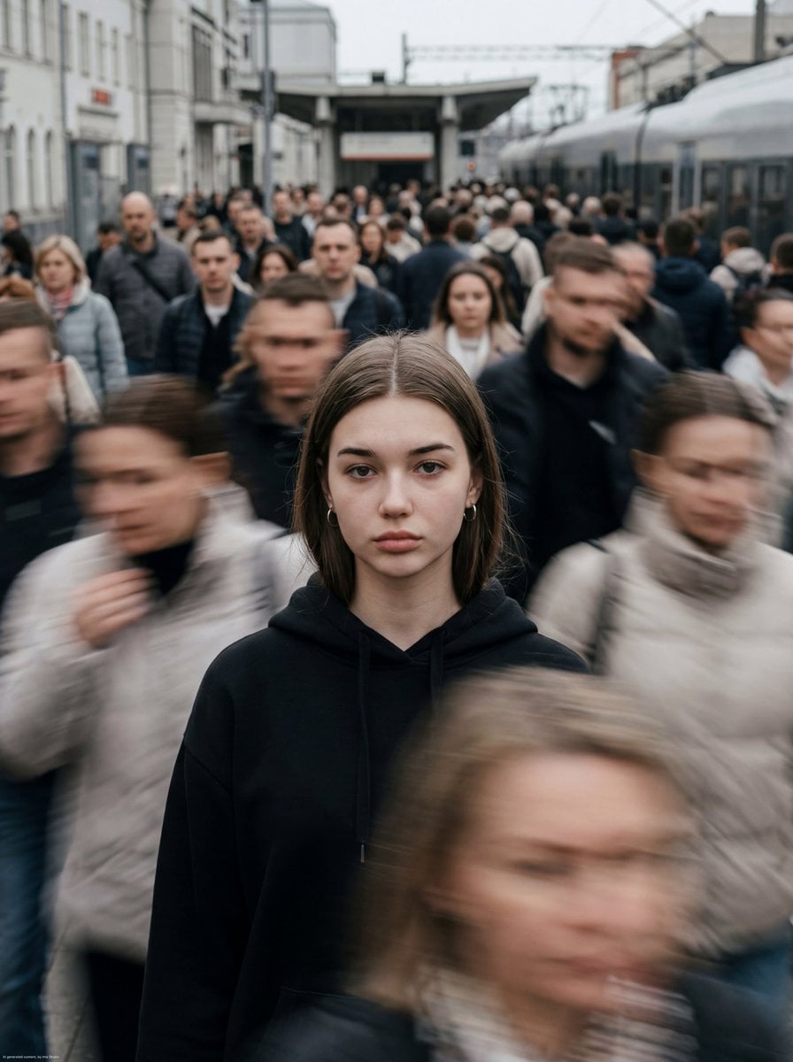 O fotografie stradală cinematică a unei tinere care stă complet nemișcată în timp ce călătorii se grăbesc pe lângă ea în benzi estompate de mișcare, capturată cu panoramare cu obturator lent, lumină difuză blândă, paletă de griuri reținută, focus clar pe fața și expresia ei