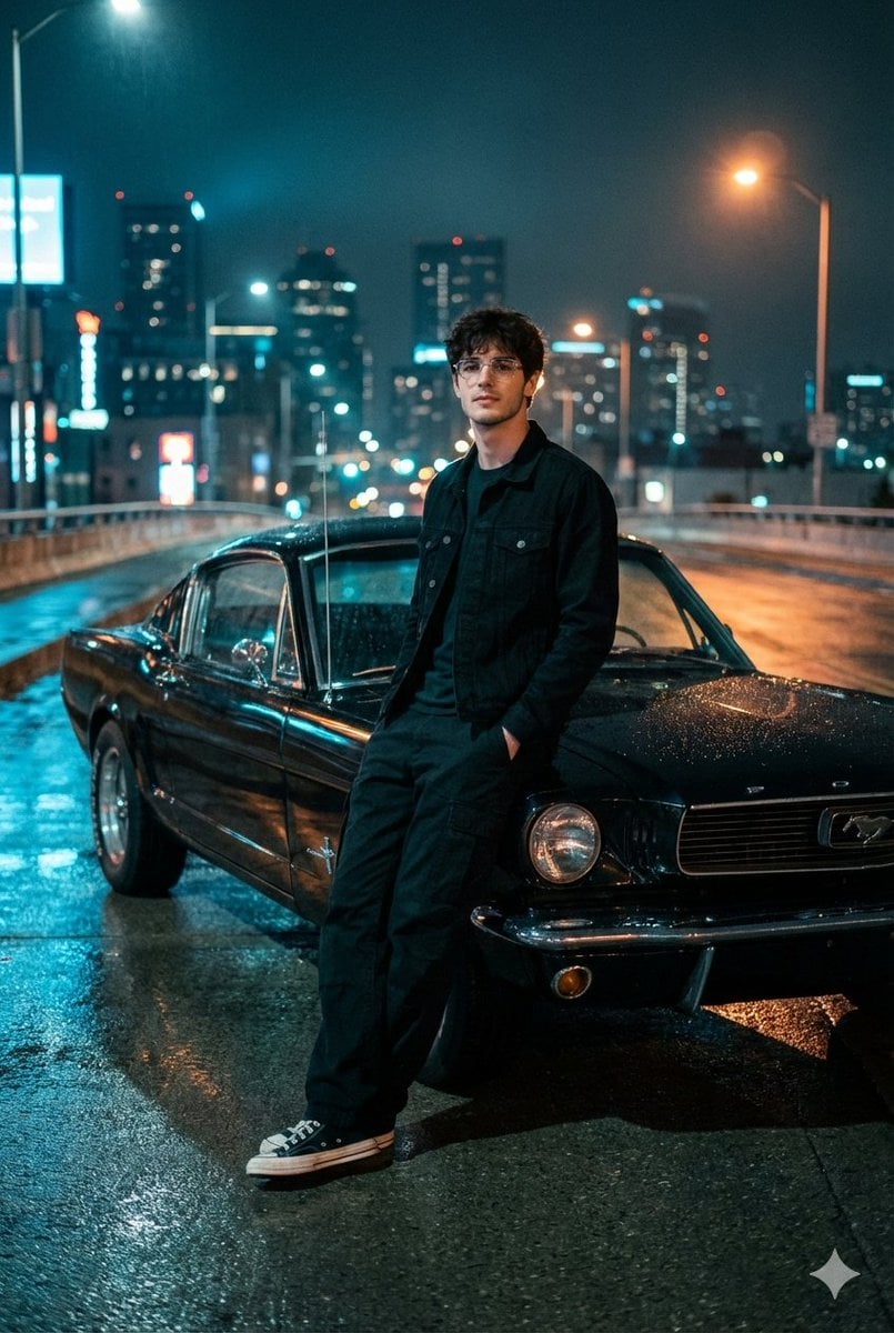 KI-generiertes Bild: Nächtliche urbane Überführung Ford Mustang