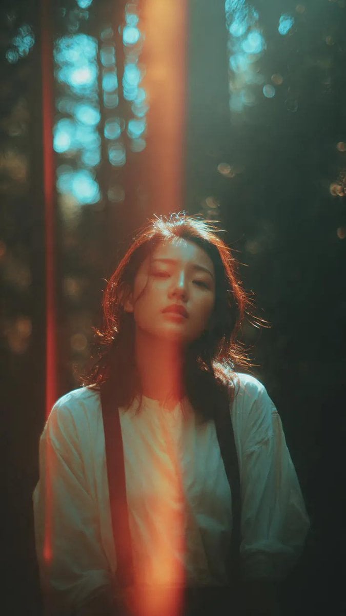 Un retrat cinematogràfic d'una dona asiàtica dreta en un bosc amb llum solar suau que es filtra per els arbres, efecte de fuga de llum vertical, correcció de color turquesa i taronja, estètica de pel·lícula de 35mm, portant brusa clara amb tirants negres, expressió calmada i introspectiva, fons de bosc desenfocat amb ressplandors de bokeh