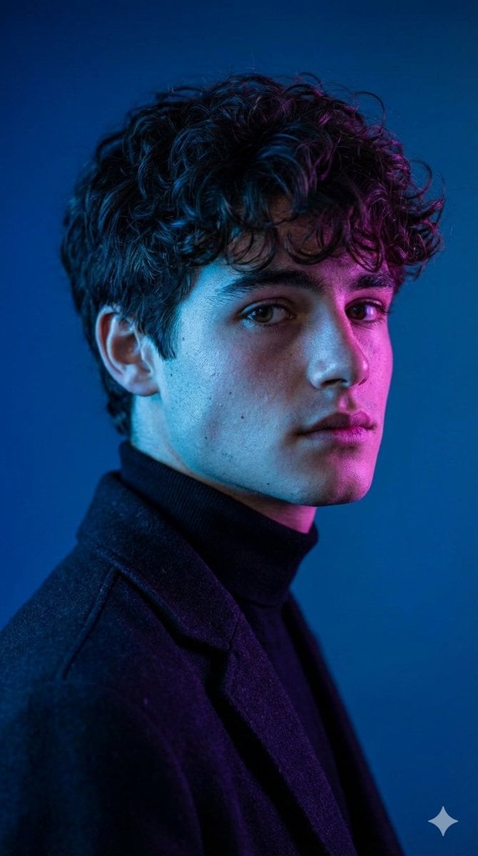 Un retrat cinematogràfic de primer pla mig d’una persona que porta un jersey de coll alt negre i una jaqueta fosca, lleugerament girada de costat i mirant a la càmera, amb una il·luminació dividida dramàtica blau i magenta que il·lumina la cara des de costats oposats contra un fons amb gradient blau profund