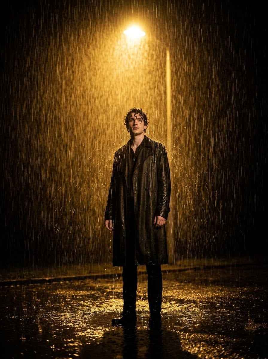 Cinematic Portrait Rainy Night Streetlight