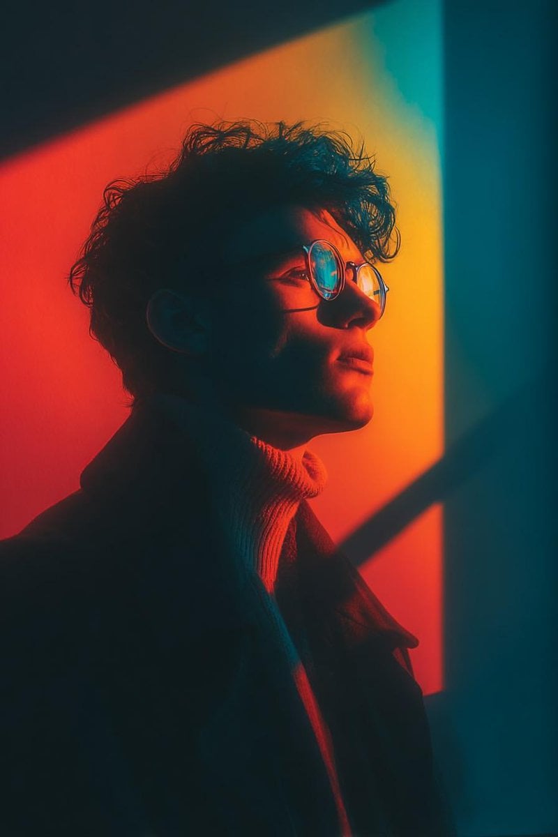 Cinematic Portrait Round Glasses Geometric Window Light
