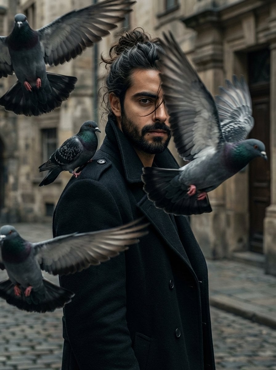Filmporträt eines jungen Mannes mit Tauben, stimmungsvolles Licht, KI-generiertes Bild