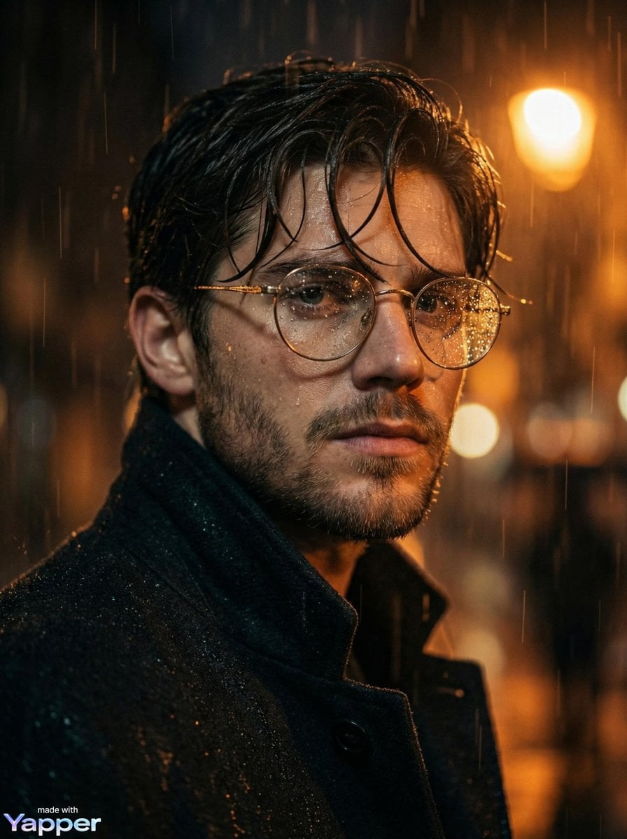 Retrat cinematogràfic en primer pla d'un jove sota la pluja de nit que porta ulleres de metall rodones i un abric fosc, amb cabell mullat i barba de dies, gotes de pluja a la cara, bokeh de llums de carrer taronja al fons, expressió contemplativa intensa, atmosfera noir