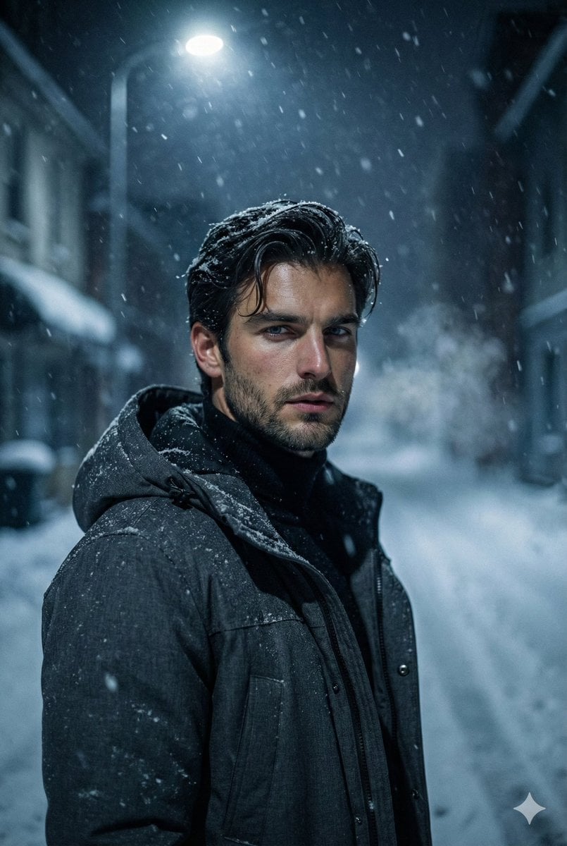 Filmportrett ung mann på snødekt gate om natten, -generert bilde