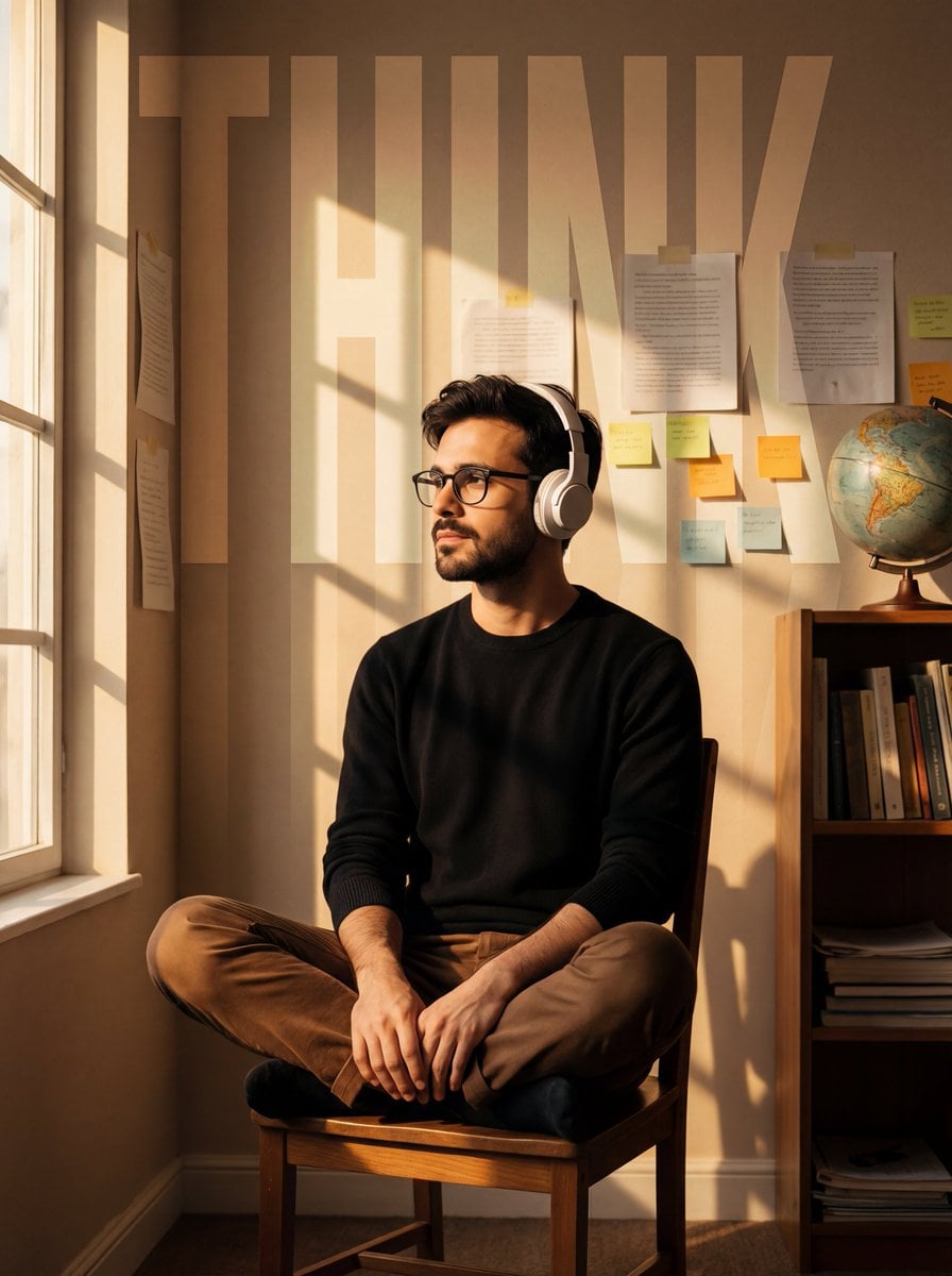 Cinematic Portrait Young Man Study Room Golden Hour