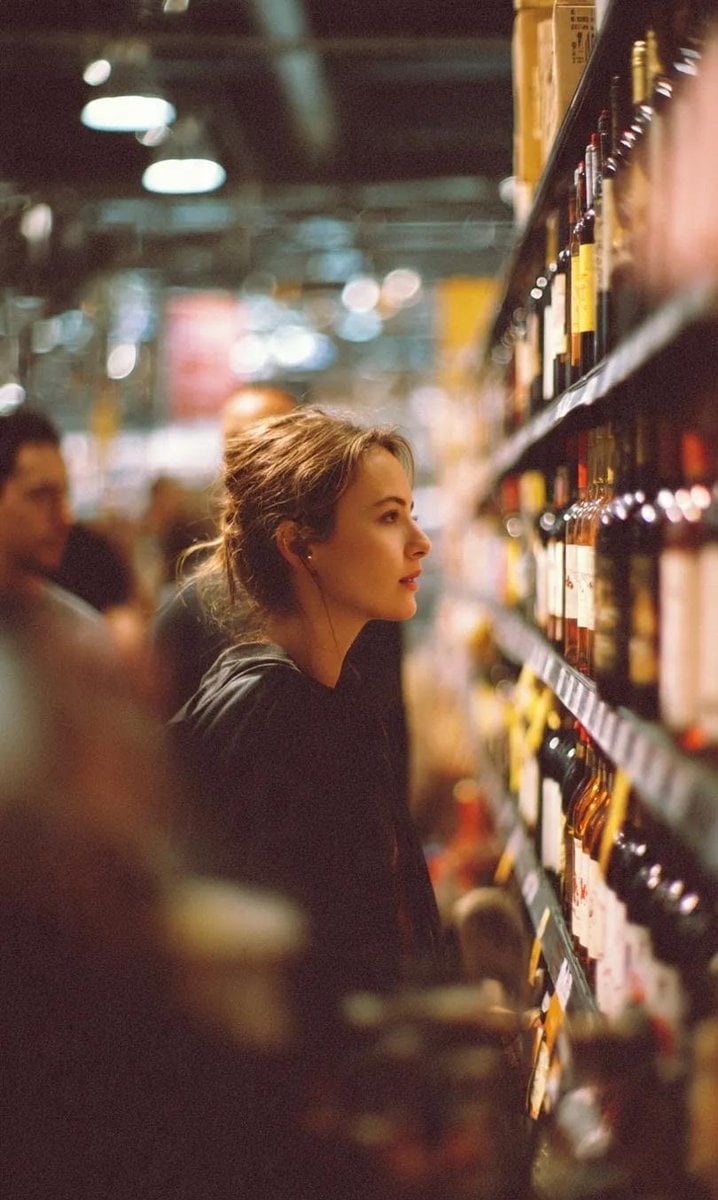 Portret cinematic al unei tinere în răspândire de supermarket cu sticle de vin, imagine generată de