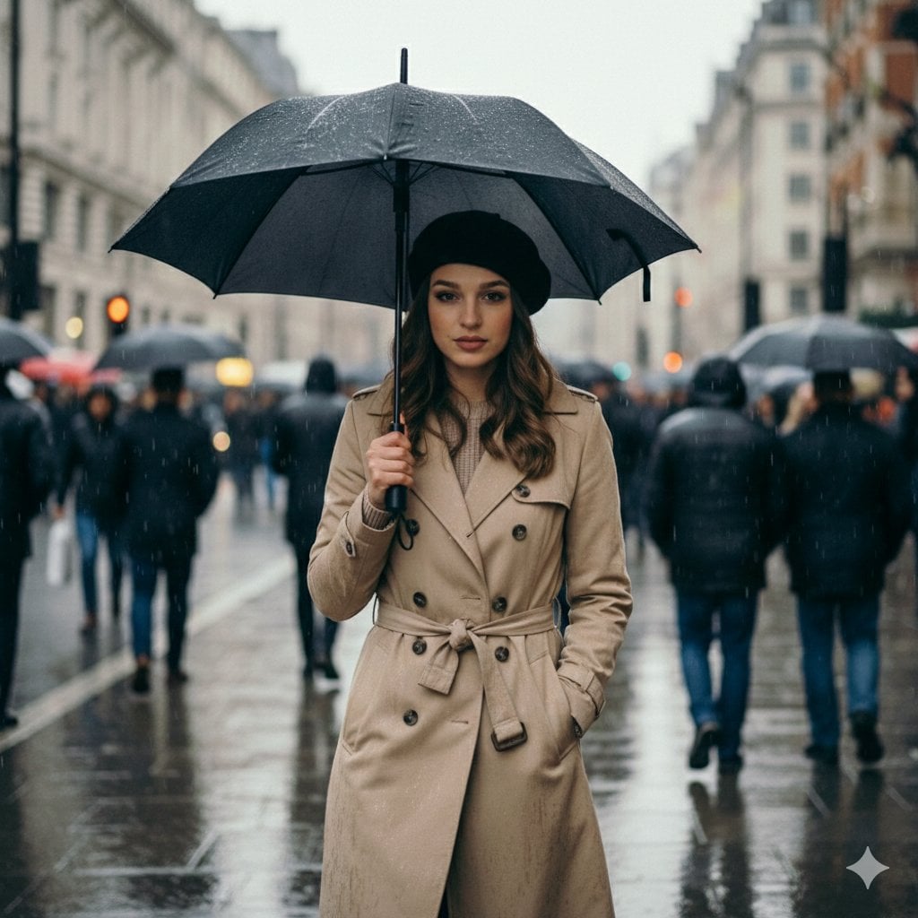 Filmisches Regenstraßen-Porträt einer Frau mit Regenschirm, KI-generiertes Bild