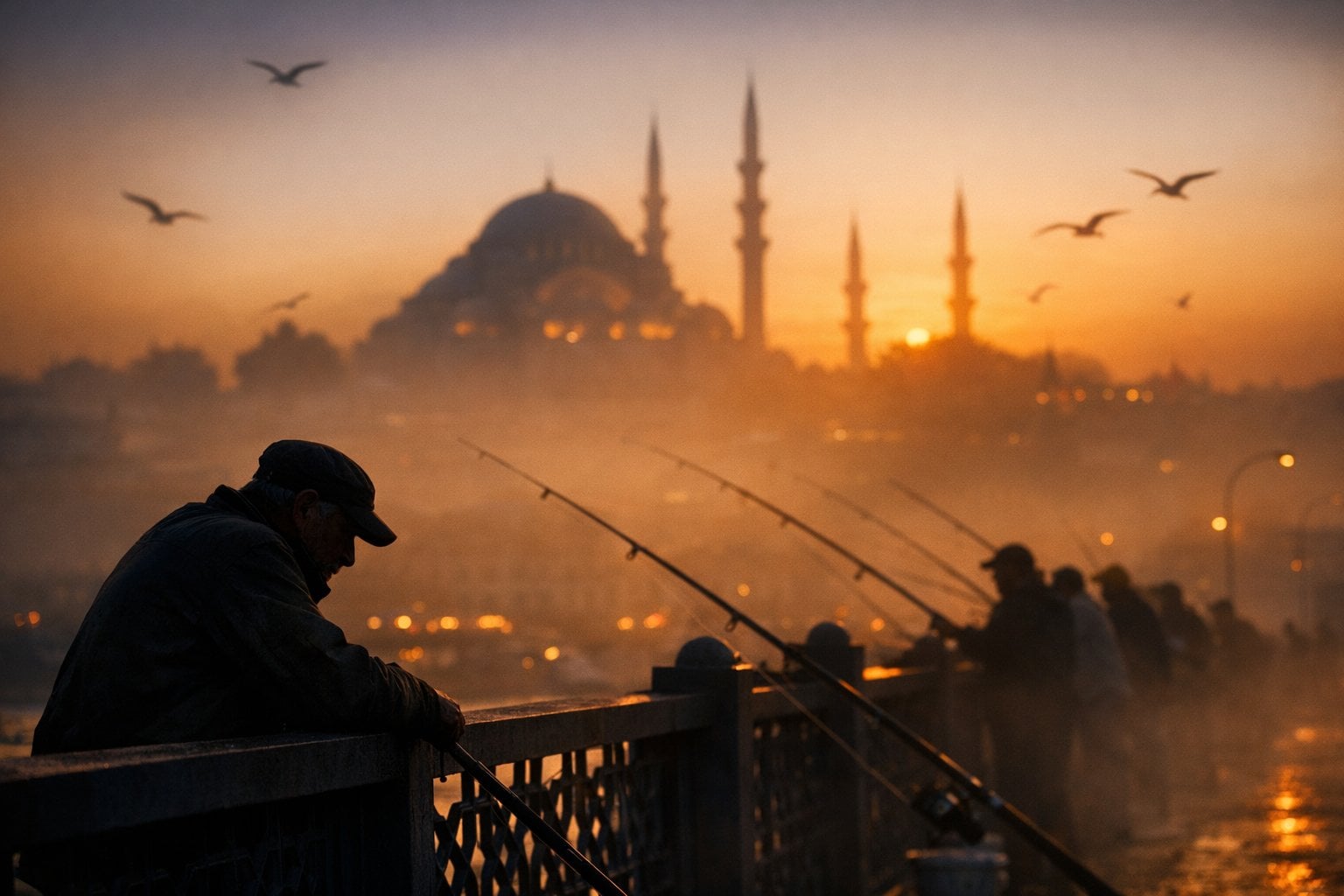 Kinematisk silhuett av fiskere på Galata bru i Istanbul ved solnedgang, -generert bilde