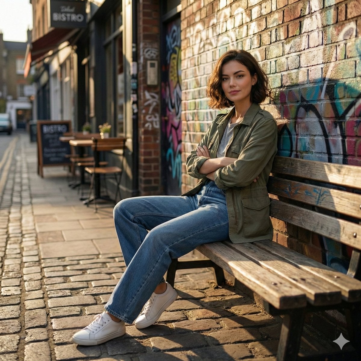 Cinematic Street Scene Woman Bench Restaurant Graffiti