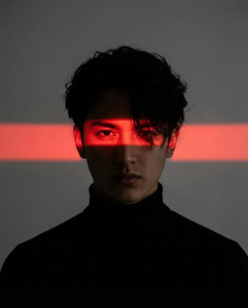 KI-generiertes Bild: Kinostudio-Porträt eines jungen Mannes mit schwarzem Rollkragenpullover und rotem Neon-Cyberpunk