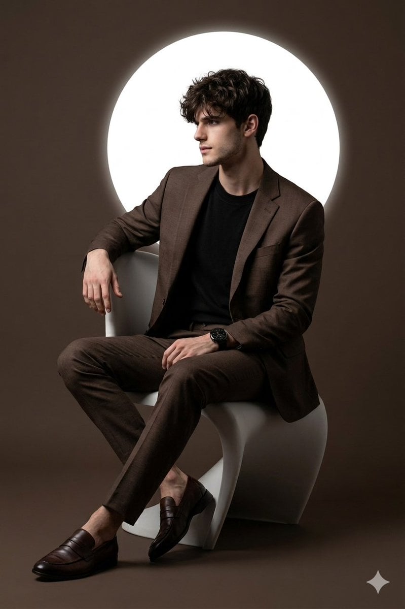 Cinematic Studio Portrait Young Man Brown Suit White Circle