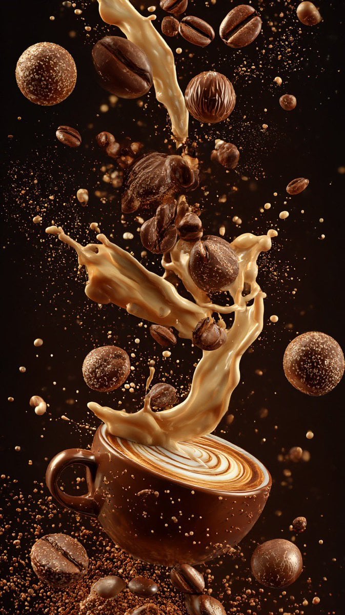 KI-generiertes Bild: Kaffee-Elemente schwebend in der Luft, filmisch