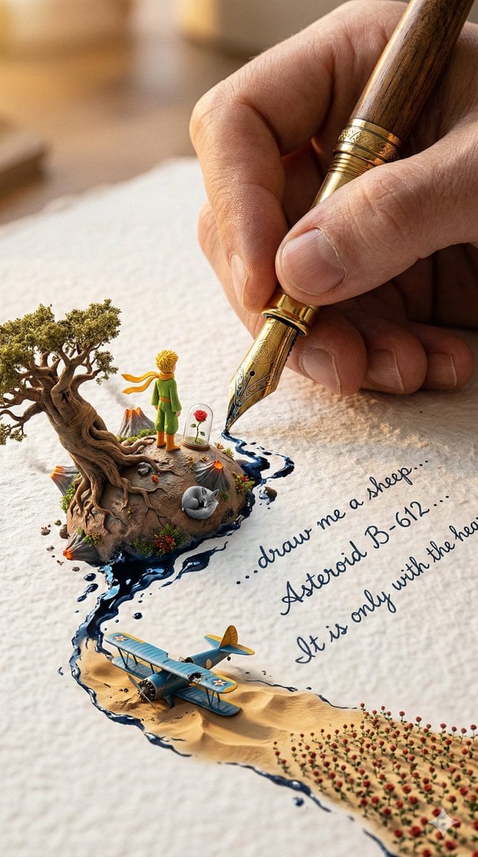 Obraz wygenerowany przez przedstawiający Ogromną Rękę z Piórem Wiecznym – Miniaturową Opowieść