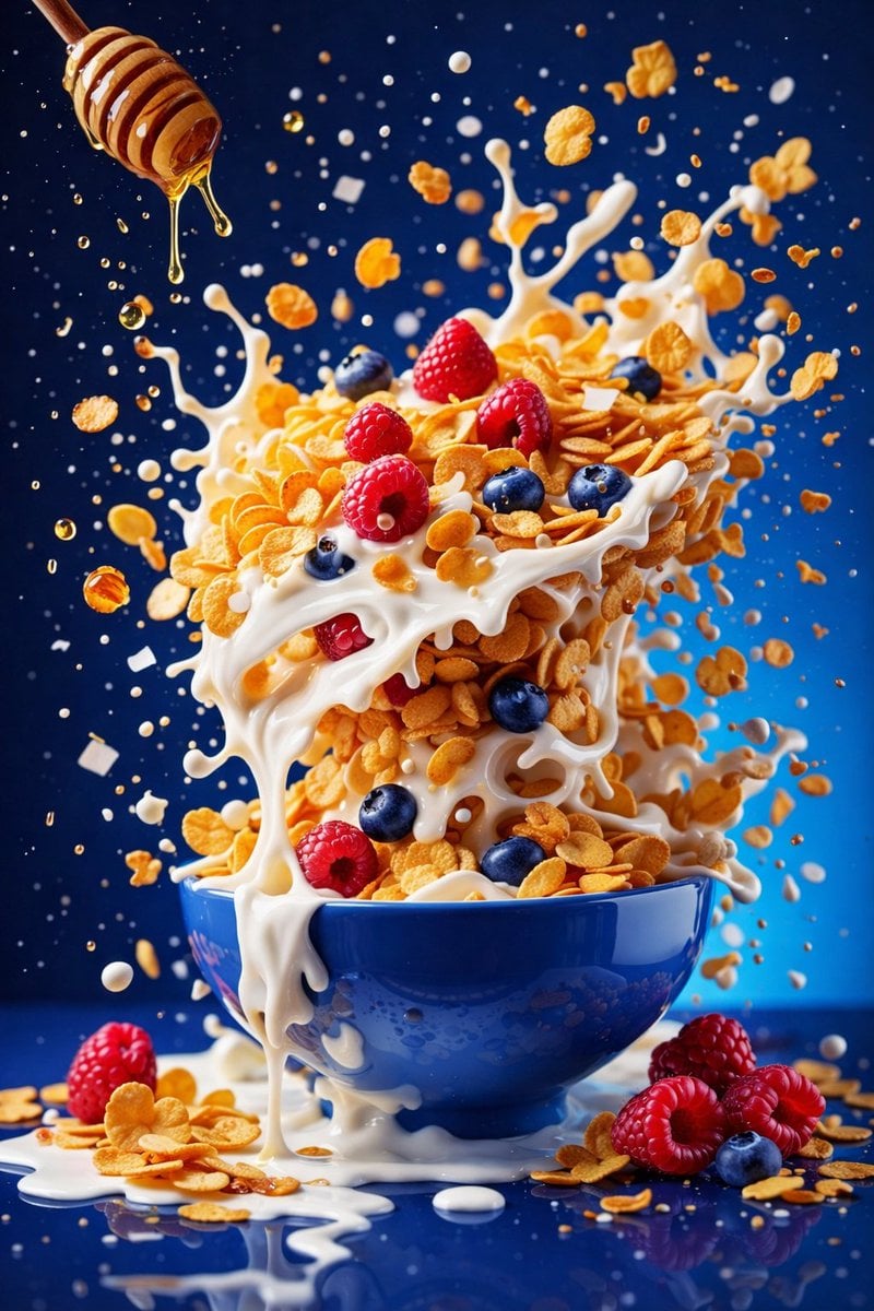 Obraz wygenerowany przez : Komercyjna fotografia żywności Bowl z smoothie i zrzut płatków śniadaniowych