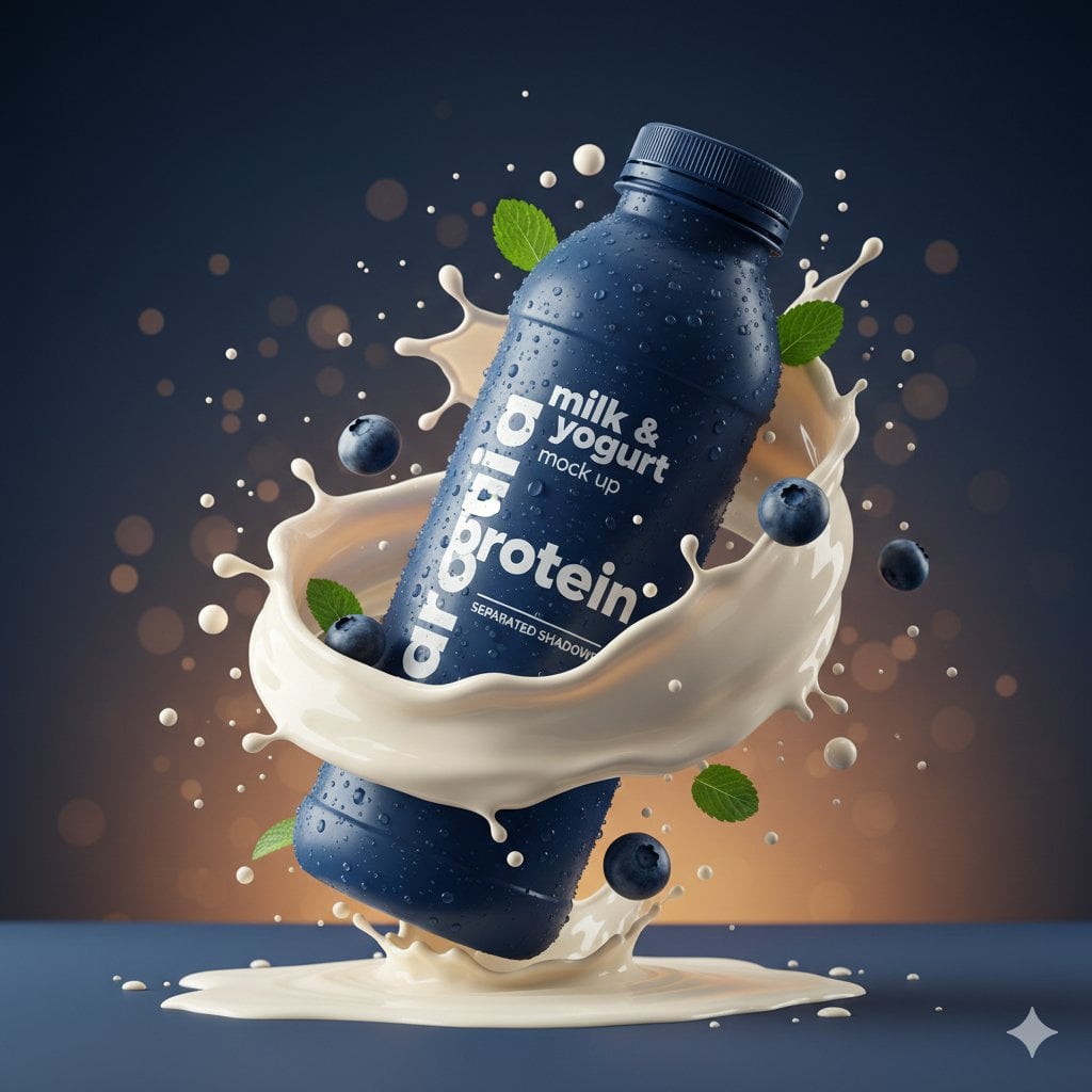 Botella de beguda proteica de color blau fosc i llauna de cafè daurada amb condensació, salpicadures de llet i cafè congelades, bes flotants, fulles de menta i vapor