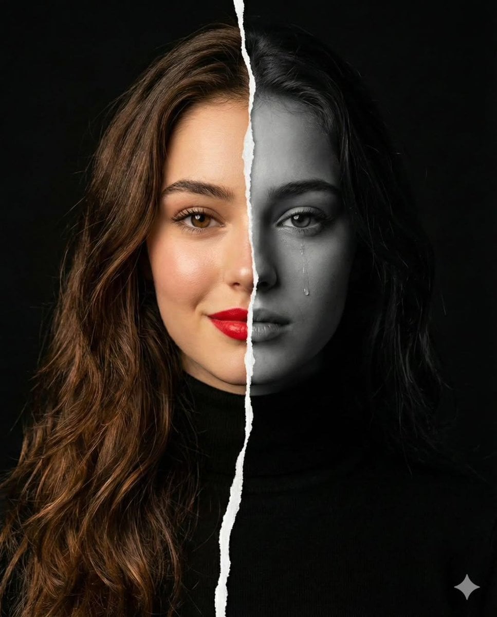 Conceptual Portrait Woman Split Face Paper Edge