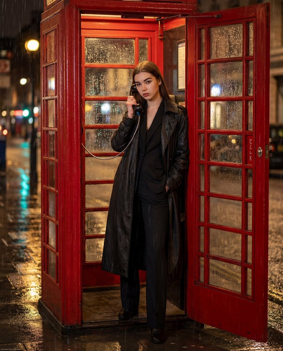 Ganzkörperfoto einer selbstbewussten Frau, die nachts in einer klassischen roten britischen Telefonzelle im regnerischen London steht, einen schwarzen Anzug und Trenchcoat trägt und einen Telefonhörer hält