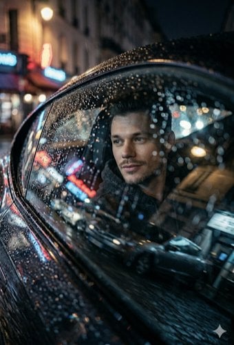 KI-generiertes Bild eines nachdenklichen Mannes im Auto bei Regen in der Stadt nachts