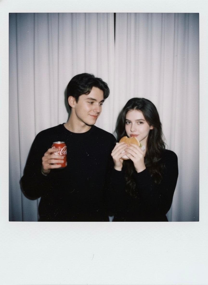 Couple Polaroid Burger Coke Indoors
