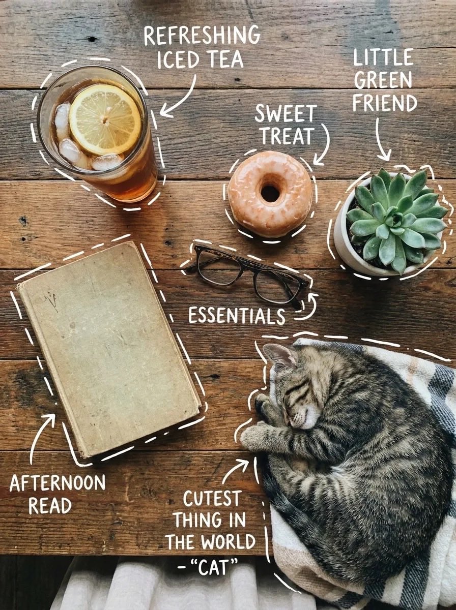 Cozy Flat Lay Iced Tea Donut Succulent Book Eyeglasses Cat