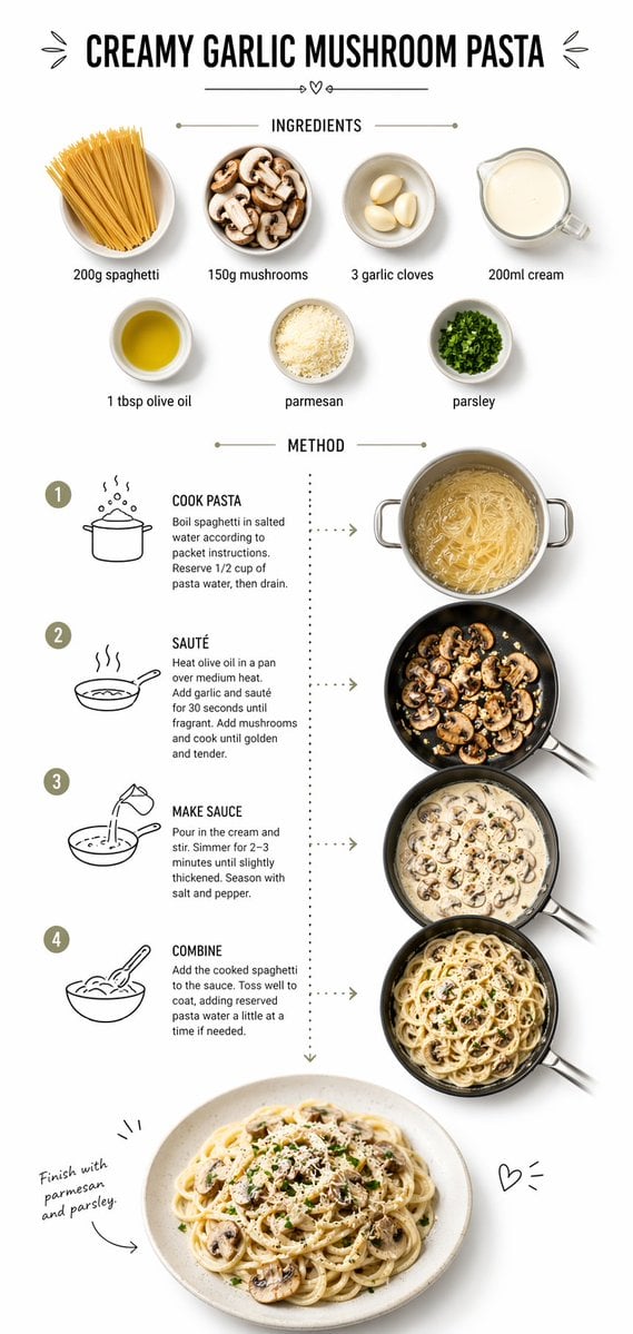 Infografic cu rețetă de paste cremoase cu ciuperci și usturoi, imagine generată de