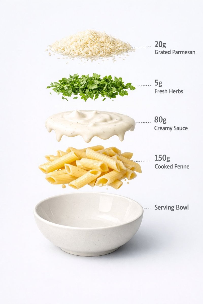 Imatge generada per IA del bol minimal de pasta penne amb salsa blanca cremosa