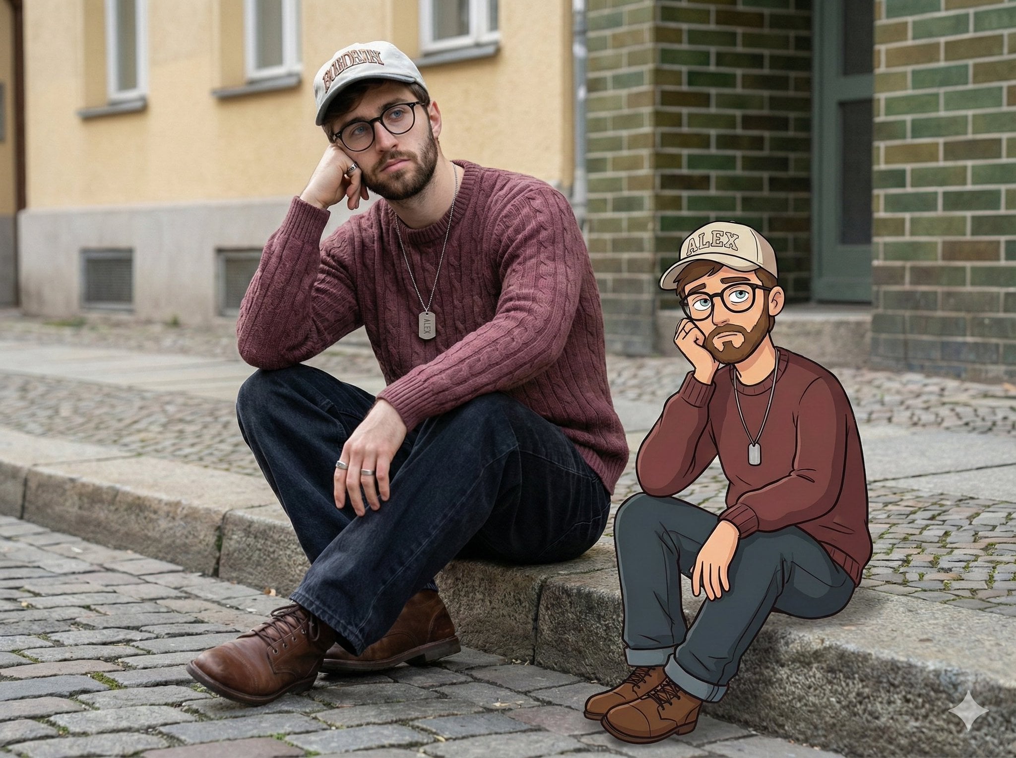 Imagine generată de : Duo de portret stradal creativ: bărbat și dublura sa desenată