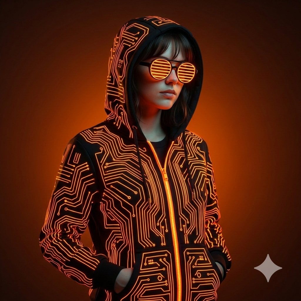 Un portret cinematografic de studio al unei persoane care poartă un hanorac cyberpunk negru cu linii de circuit portocaliu-neon strălucitor, gluga ridicată, mâinile în buzunare, ochelari rotunzi shutter cu strălucire portocalie, poză din trei sferturi cu fața spre dreapta, iluminare dramatică de studio pe fundal gradient întunecat