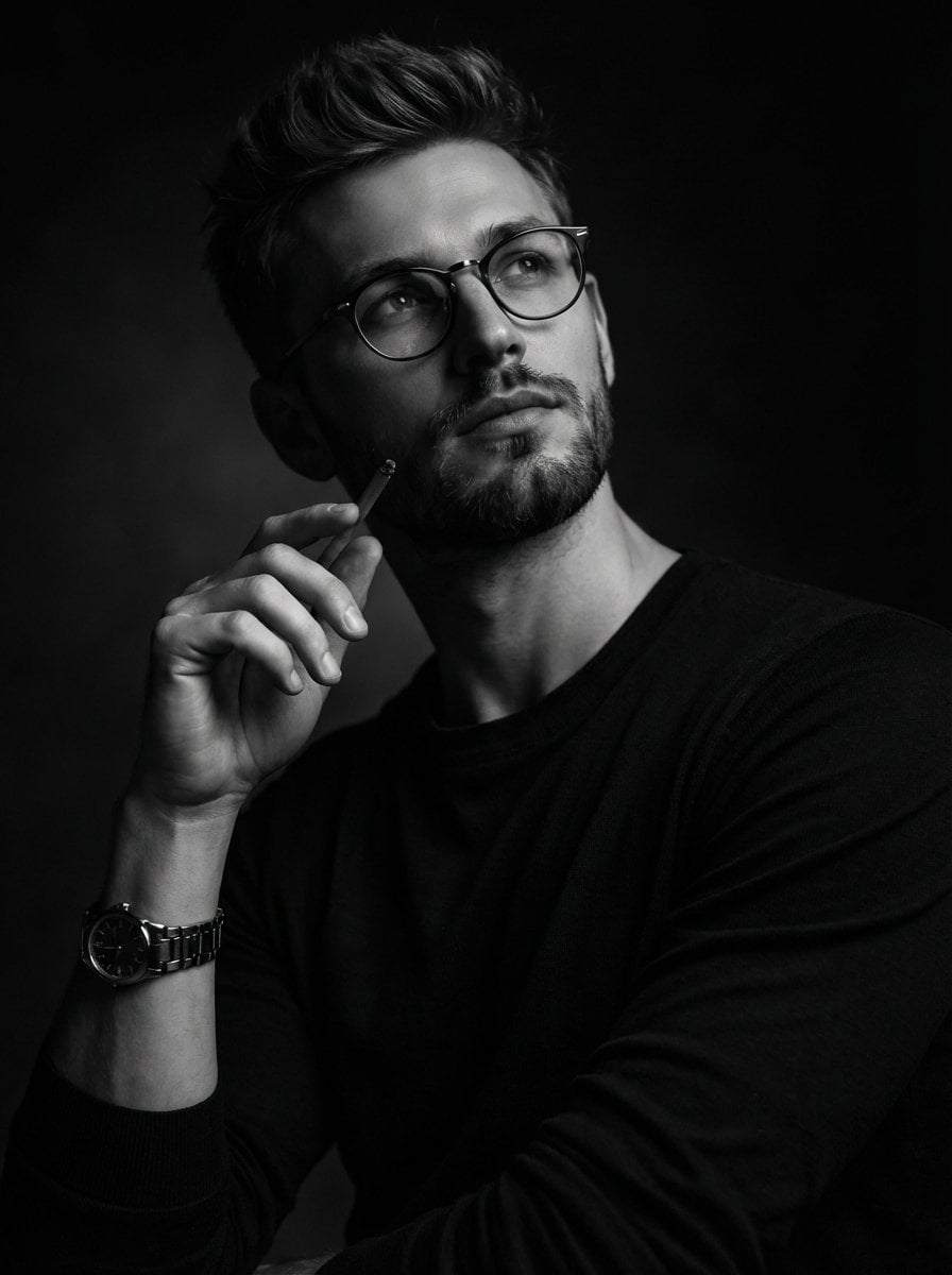 Ein dramatisches Schwarz-Weiß-Studio-Porträt eines nachdenklichen Mannes mit kurzem Haar, Stoppelbart und runder Brille, der einen schwarzen Pullover trägt und einen Bleistift in der Nähe seines Gesichts hält, mit Rembrandt-Beleuchtung, die tiefe Schatten auf einem dunklen Hintergrund erzeugt