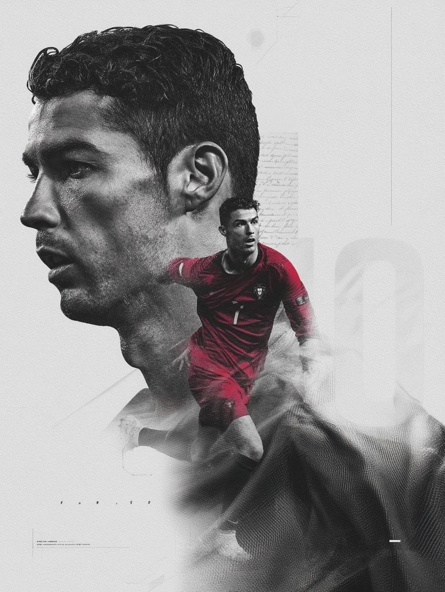 Retrato em dupla exposição de um jogador de futebol profissional, com um grande rosto em perfil lateral preto e branco e expressão intensa mesclado a uma imagem de corpo inteiro menor do jogador correndo com uma camisa vermelha, com partículas de poeira, iluminação de alto contraste e fundo limpo