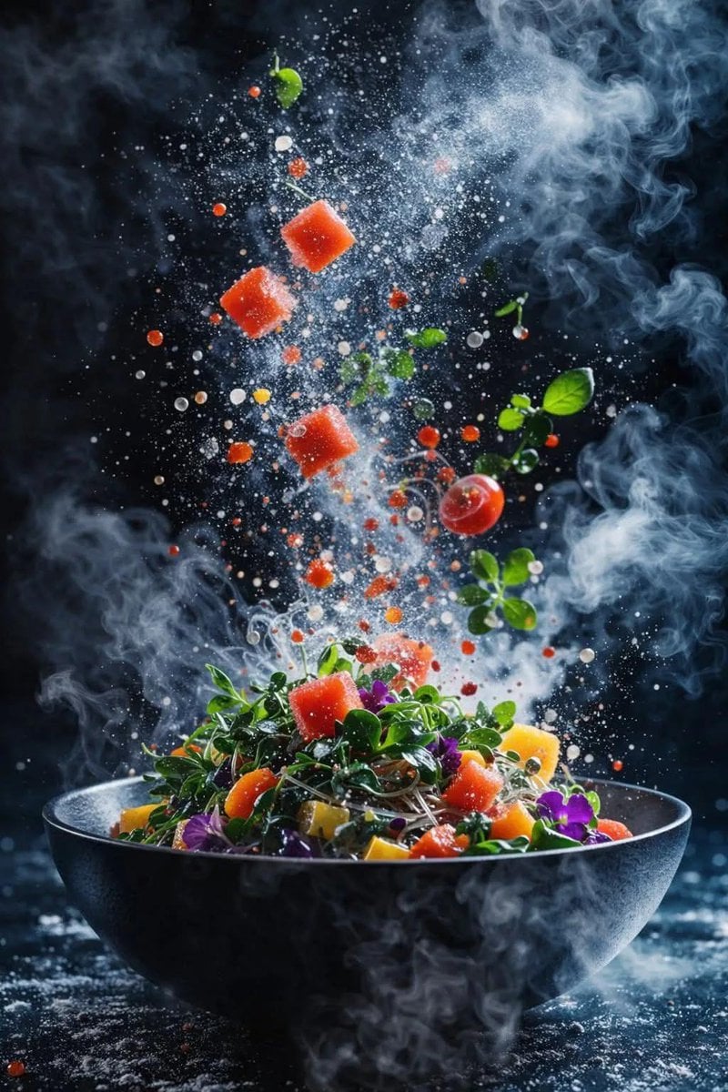 Dynamic Salad Explosion Black Bowl Wooden Surface