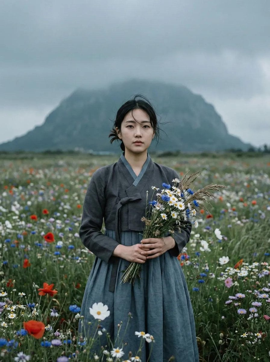KI-generiertes Bild: Ostasiatische Frau in Hanbok auf Wildblumenwiese, filmisches Porträt
