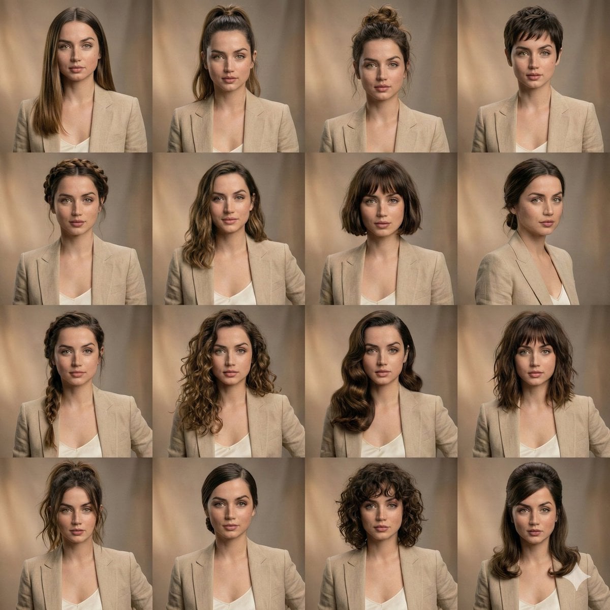 Et 4x3 gitter portrætcollage, der viser den samme kvinde med ti forskellige frisurer inklusive glat lige hår, hestehale, bun, pixie-frisure, fletninger, bølger, bob og lokker. Professionel studiefotografi med blødt varmt lys, neutral baggrund, konsistent ren makeup og garderobe på tværs af alle paneler
