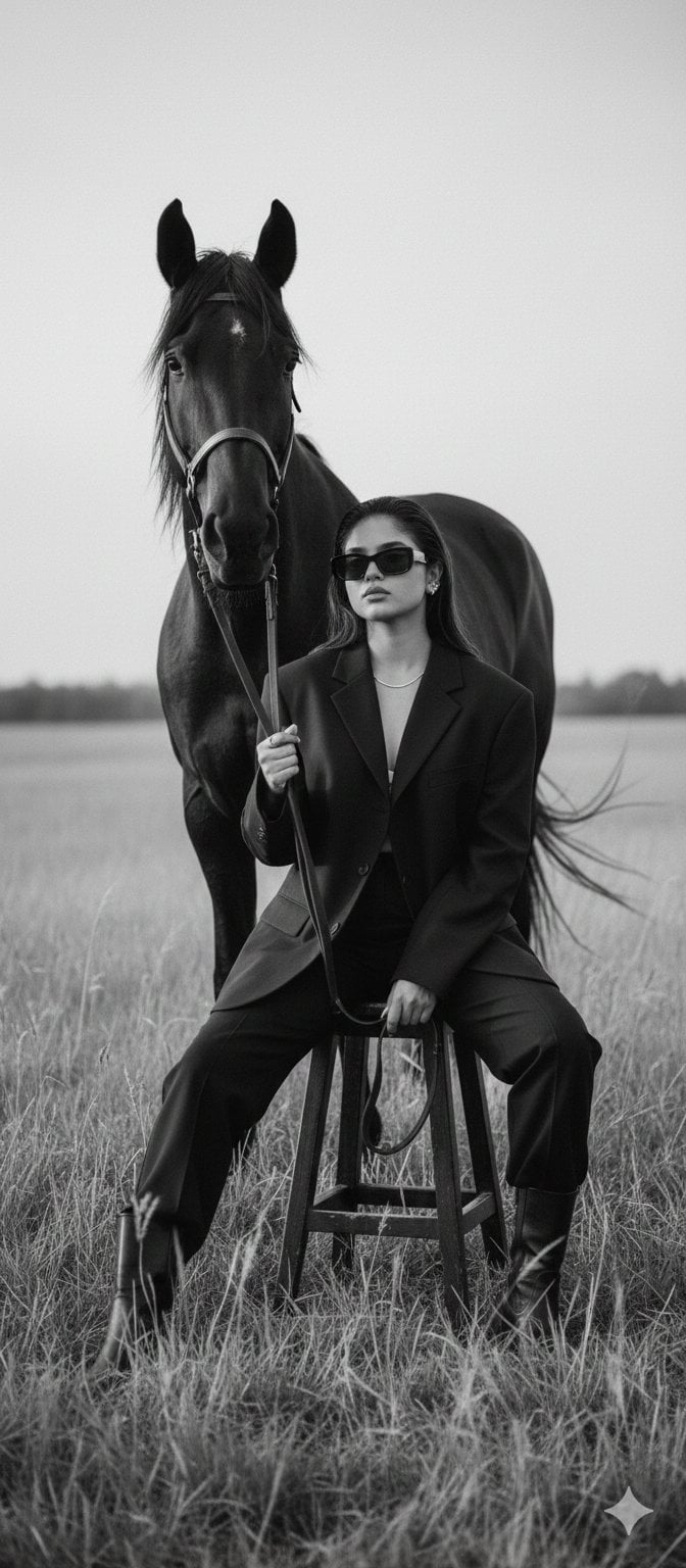 Editorial Fashion Woman Horse Black And White Grassland