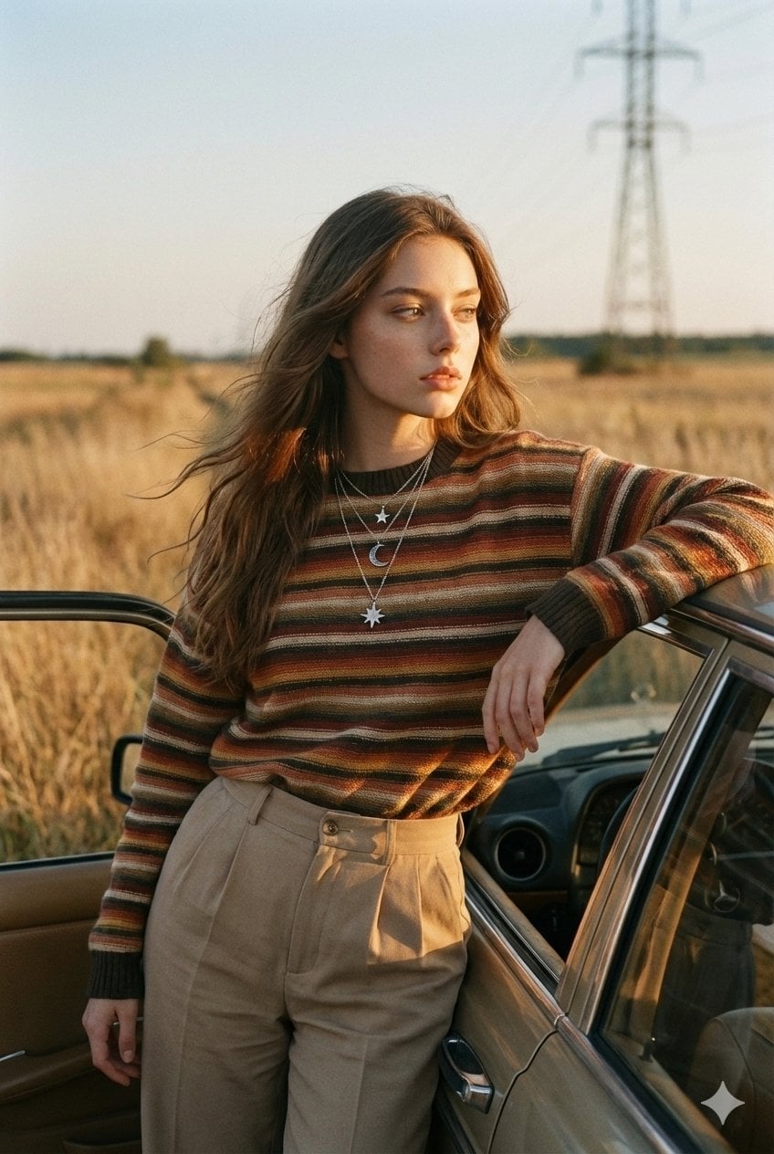 Editorial Portrait Vintage Car Golden Hour Rural Countryside