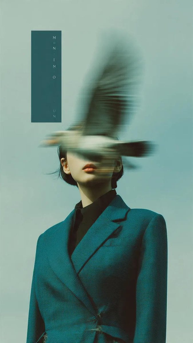 Editorial Woman Teal Blazer Bird Motion Blur Magazine Cover