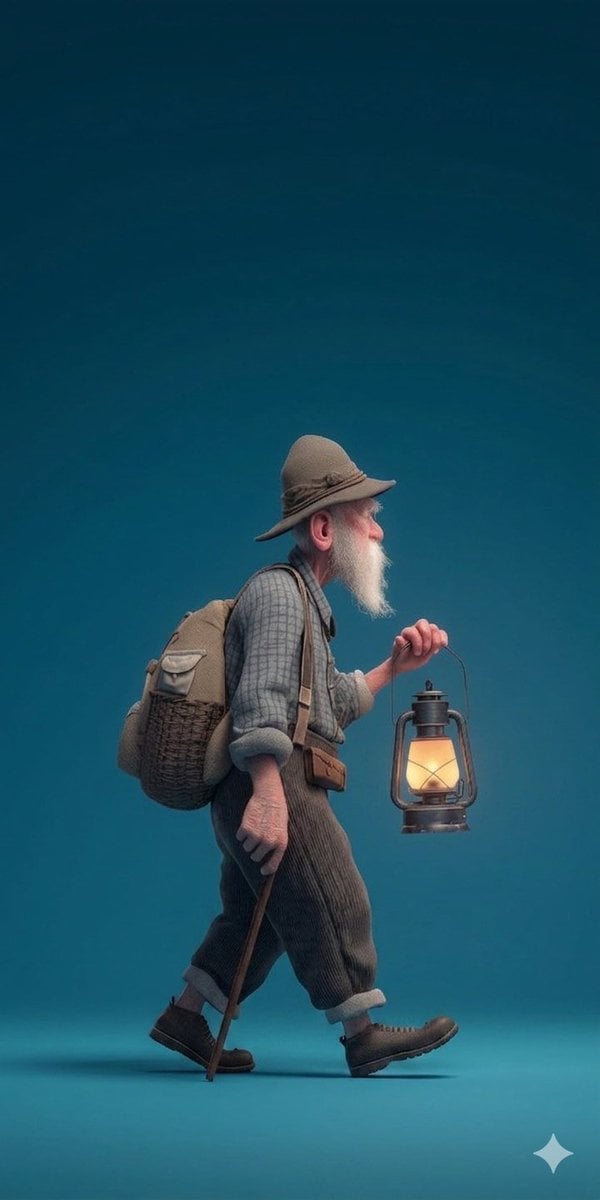 O versiune stilizată a unui portret de profil 3D al unui drumeț cu barbă în vârstă, în vedere laterală, mergând de la stânga la dreapta, poartă o pălărie largă, cămașă în carouri, pantaloni de catifea cu găleată și cizme, cărăruie un rucsac de pânză și ținând o lanternă de furtună din alamă aprinsă care proiectează o lumină caldă împotriva unui fundal de studio profund turcoaz cu reflectii moi