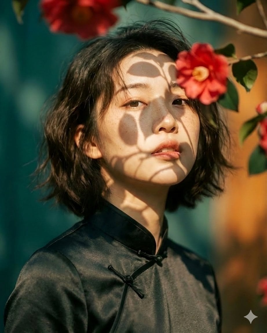 优雅亚洲女性旗袍花园肖像图像