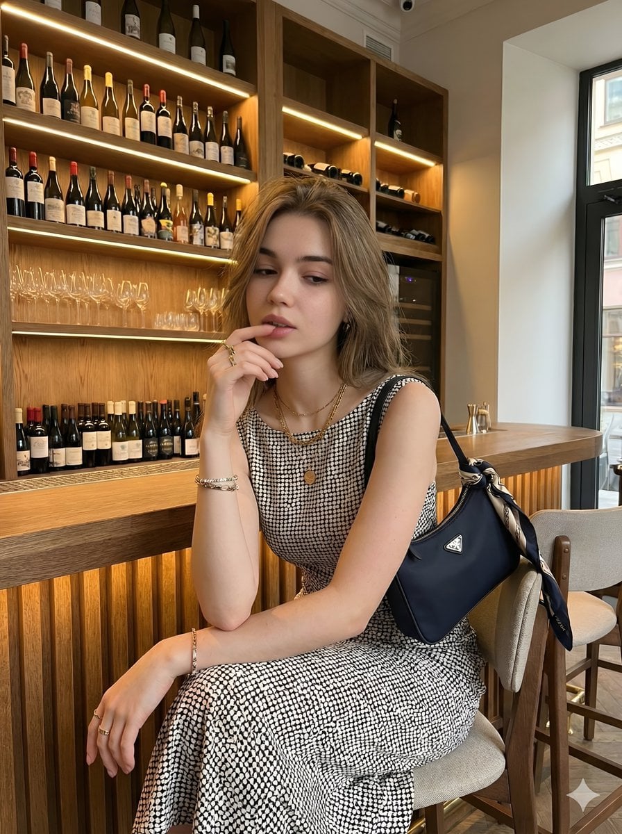 Elegant Woman Wine Bar Prada Bag Gold Jewelry