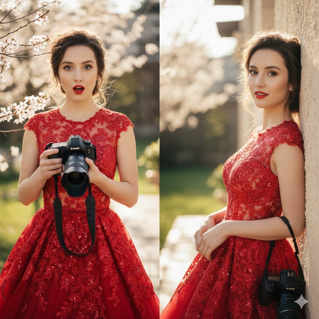 KI-generiertes Bild: Elegante junge Frau in karmesinrotem Abendkleid im Garten zur Goldenen Stunde Diptychon