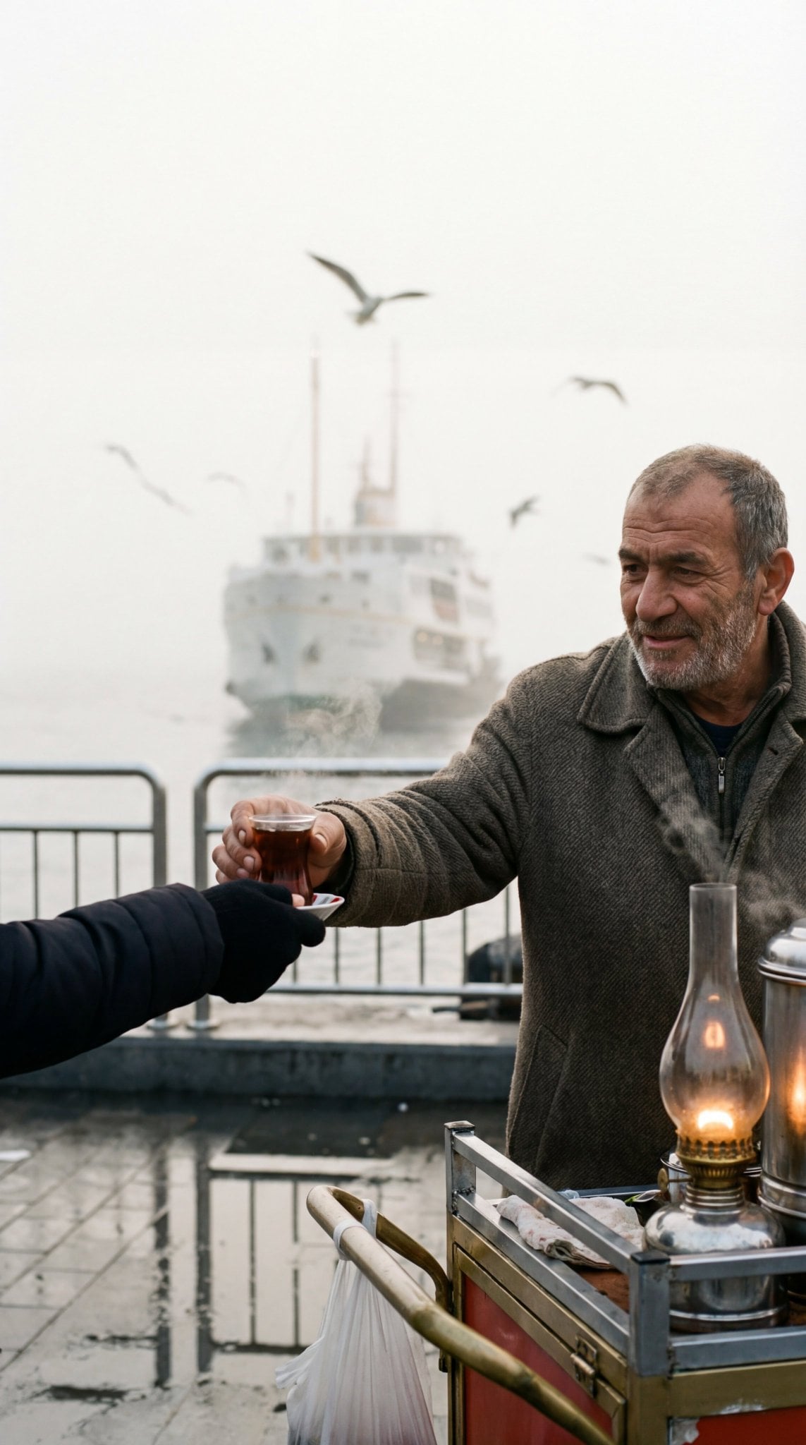 Eminonu Tea Vendor Ferry Docks Early Morning