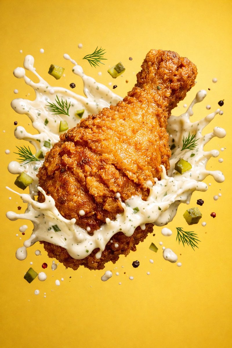 KI-generiertes Bild der epischen Fantasy-Frittierhähnchen-Sauce-Explosion