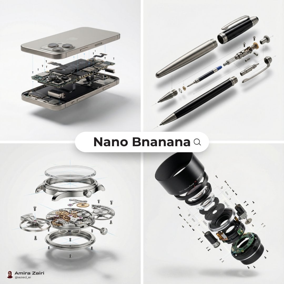 Vista explotada de producte que revela mecànica interna complexa, amb la carcassa exterior suspesa sobre els components principals, microtorns i peces petites suspesos a l’re, fons blanc sense costures, ombres suaus, fotografia macro de producte ultrarealista amb focus nítid