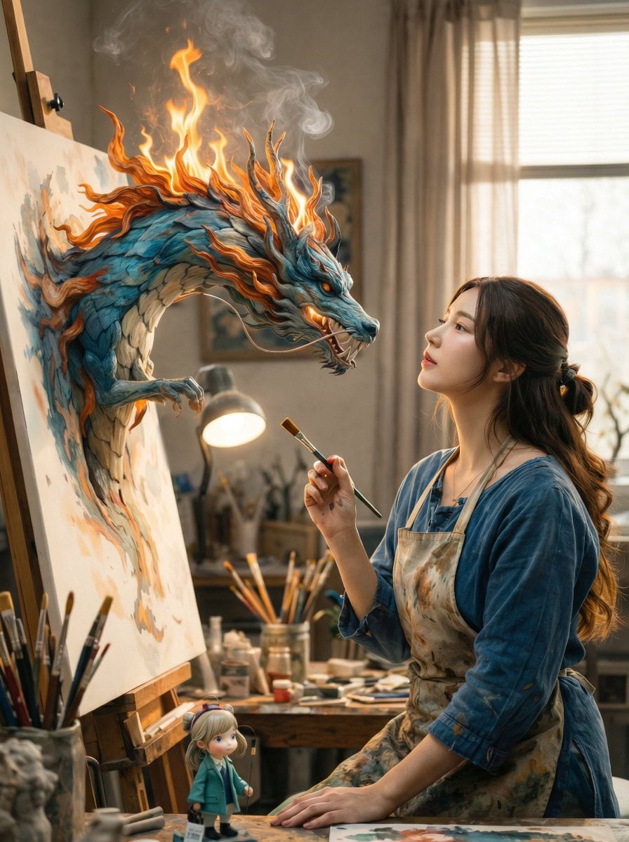 Fantasy-Künstlerstudio Maler Drache KI-generiertes Bild