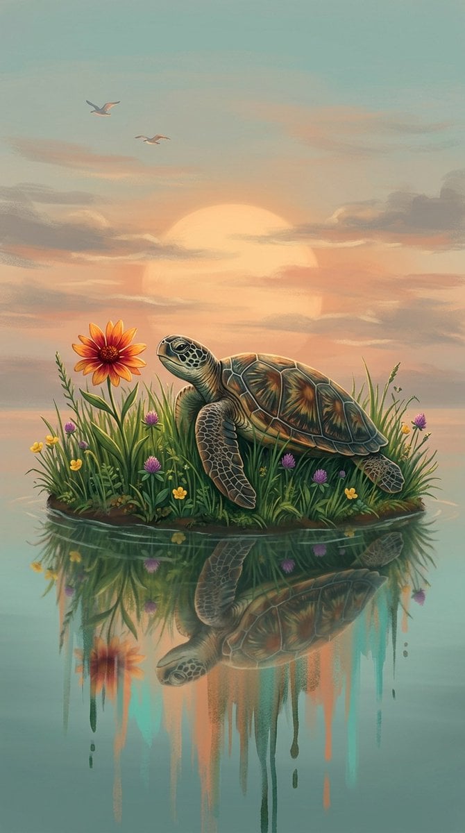 Fantasy Turtle Riverbank Twilight Golden Glow