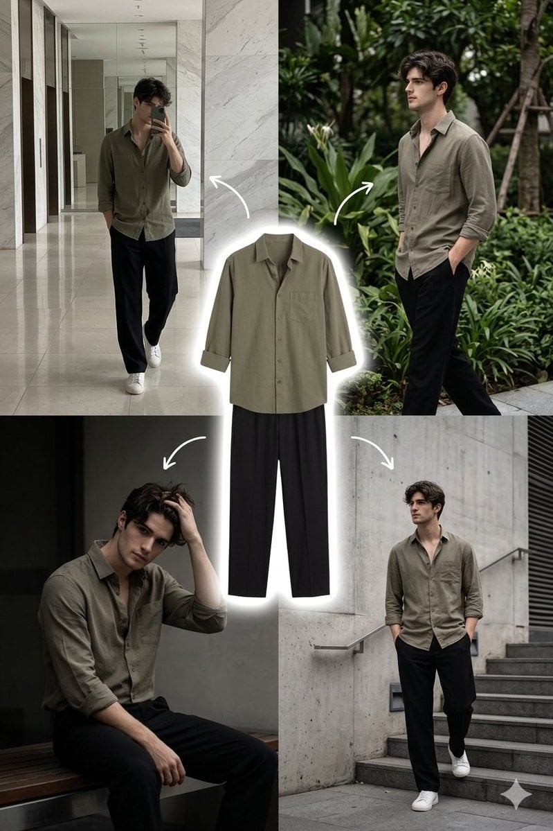 Modecollage Olijfgroen Outfit door gegenereerde afbeelding