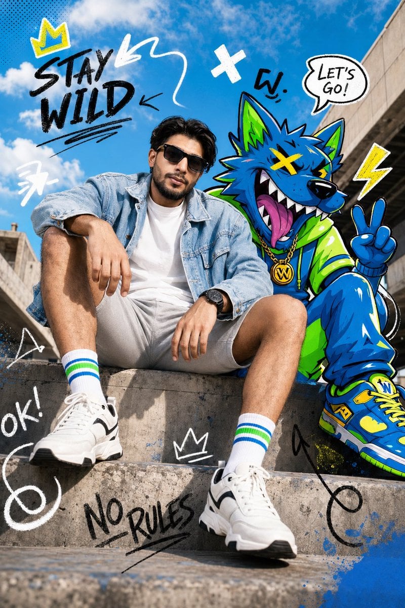 Mode-Editorial-Fotografie eines jungen Models, das auf einer Betonkante in einer urbanen Außenumgebung mit blauem Himmel sitzt, bekleidet mit einer Jeansjacke über einem weißen T-Shirt, Shorts und auffälligen Socken, begleitet von einem farbenfrohen Cartoon-Tiercharakter mit kräftigen Umrissen und Neonfarben, im Mixed-Media-Stil mit grafischen Overlay-Kritzeleien und Bewegungslinien
